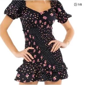For Love And Lemons Black Floral & Polka Dot Smocked Mini Dress